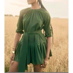 LDT Women Green Balloon Sleeve Pleated Skirt Mini Dress Size 2